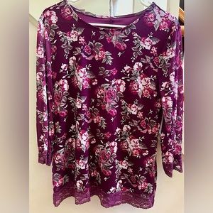 Maroon Floral Print Top with Lace Trim Details